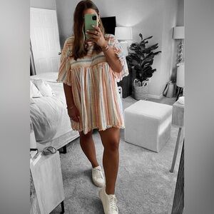 Free People Yellow Boho Tunic Babydoll Dress Size XS Cotton Fringe Oversized